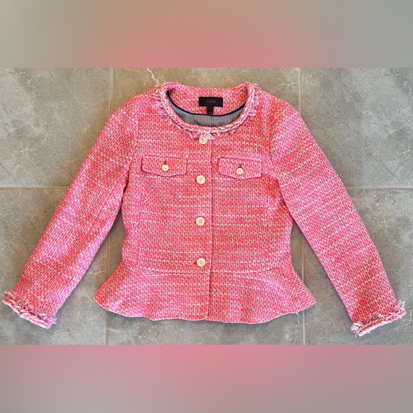 J.CREW Peplum Lady Jacket in Neon Fuchsia Pink Tweed Blazer | Size 0 Womens - Picture 1 of 10